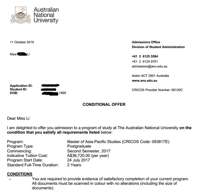 李同学获澳洲国立大学录取