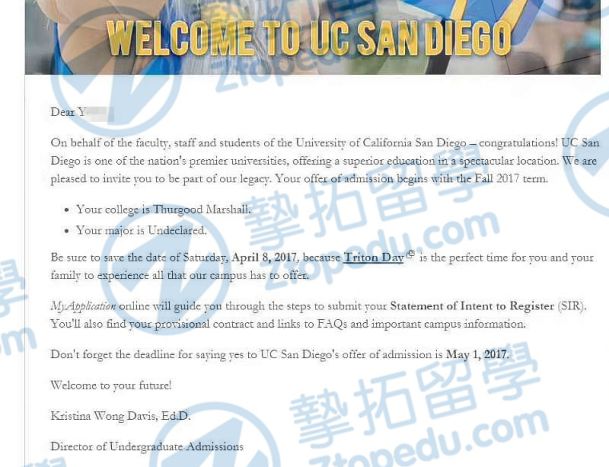 美高Y同学获加州大学圣地亚哥分校本科录取