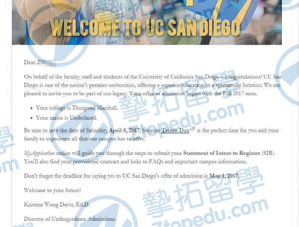 华附Z同学获加州大学圣地亚哥分校本科录取