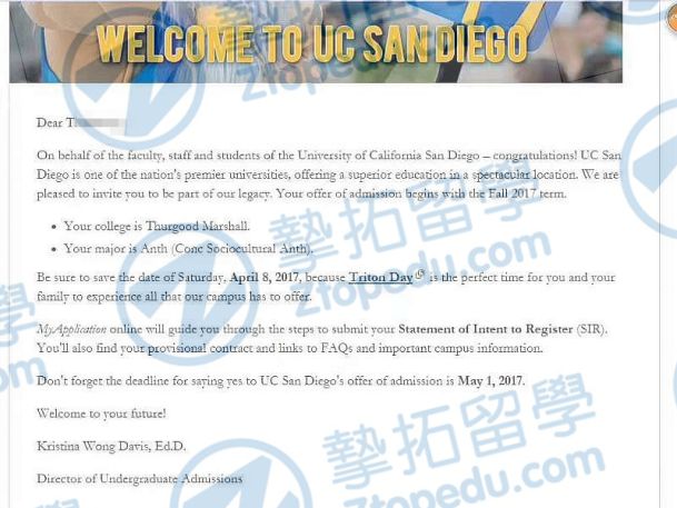 汤同学获加州大学圣地亚哥分校本科录取