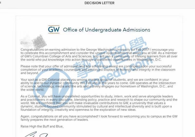 xie同学获乔治华盛顿大学本科转学录取