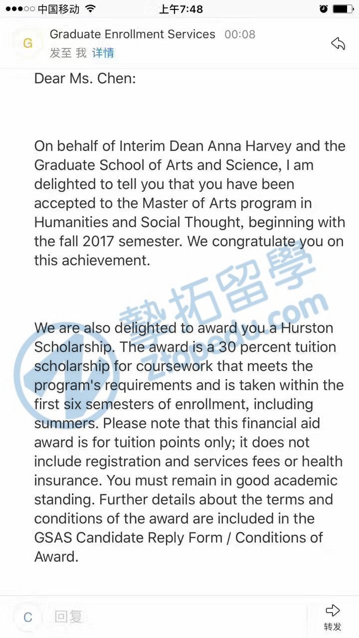 陈同学获纽约大学人文与社会艺术硕士30% 奖学金录取