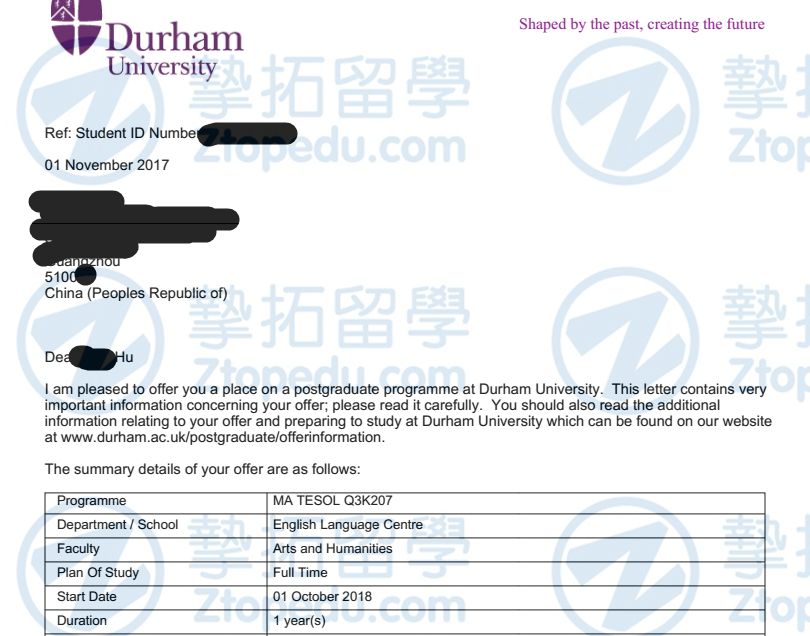胡同学获杜伦大学TESOL硕士录取