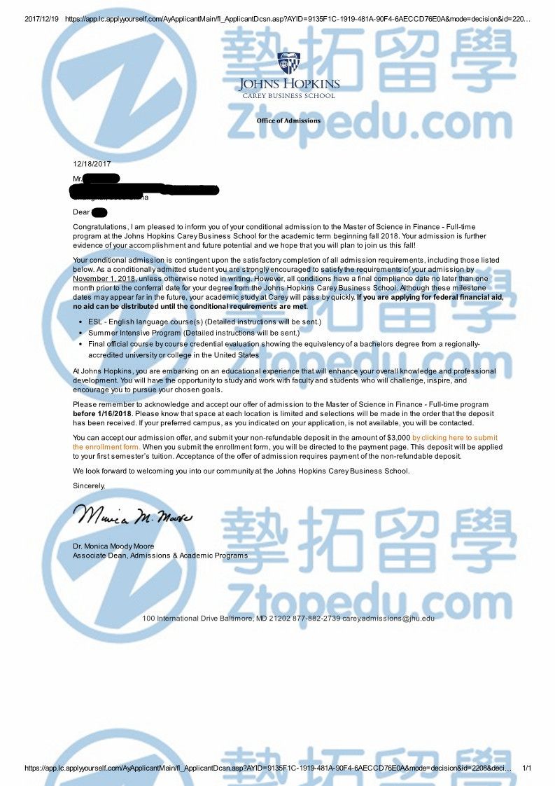 肖同学获约翰霍普金斯大学MSF录取