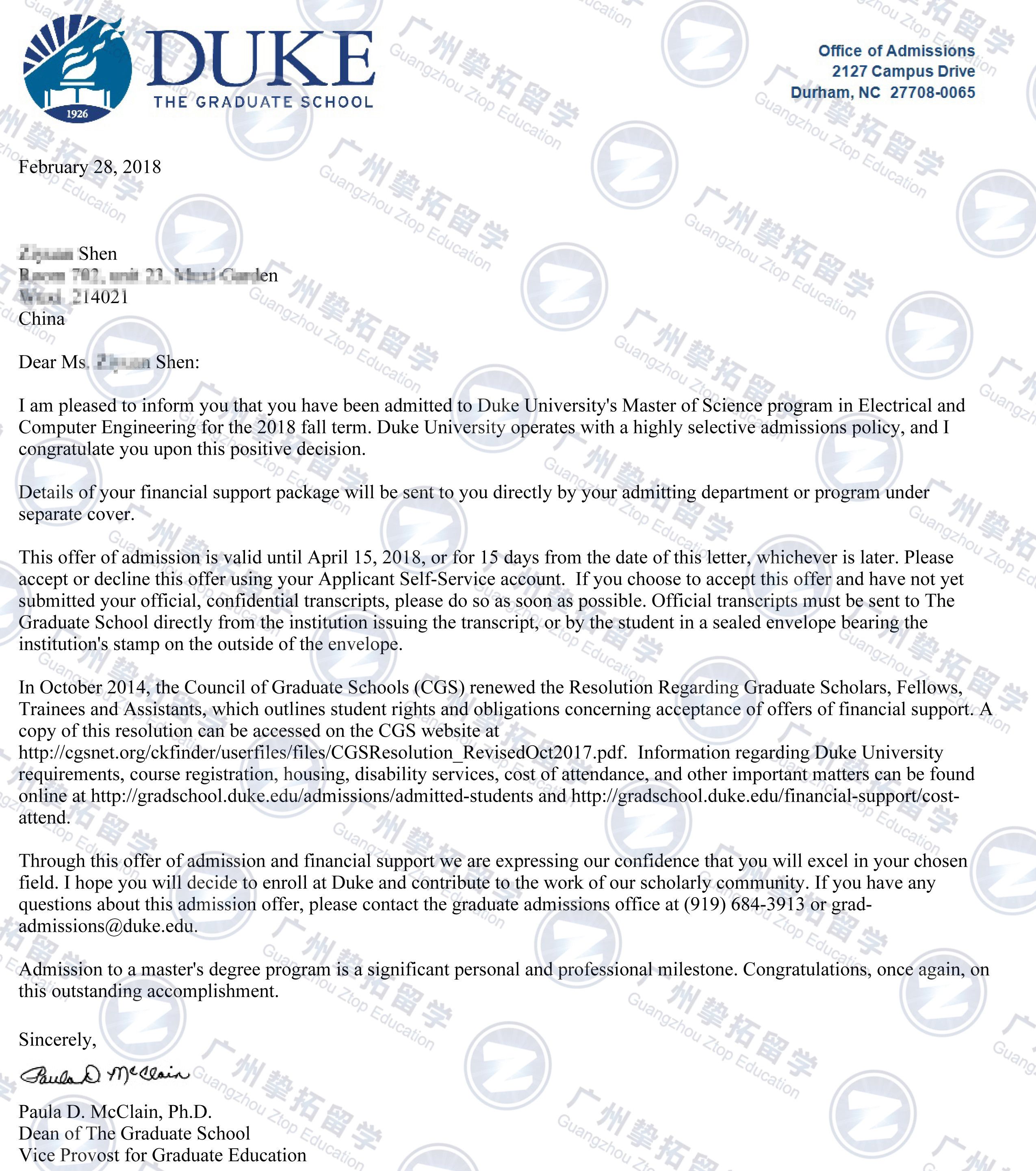 【博士全奖】沈同学获杜克大学博士全奖录取！