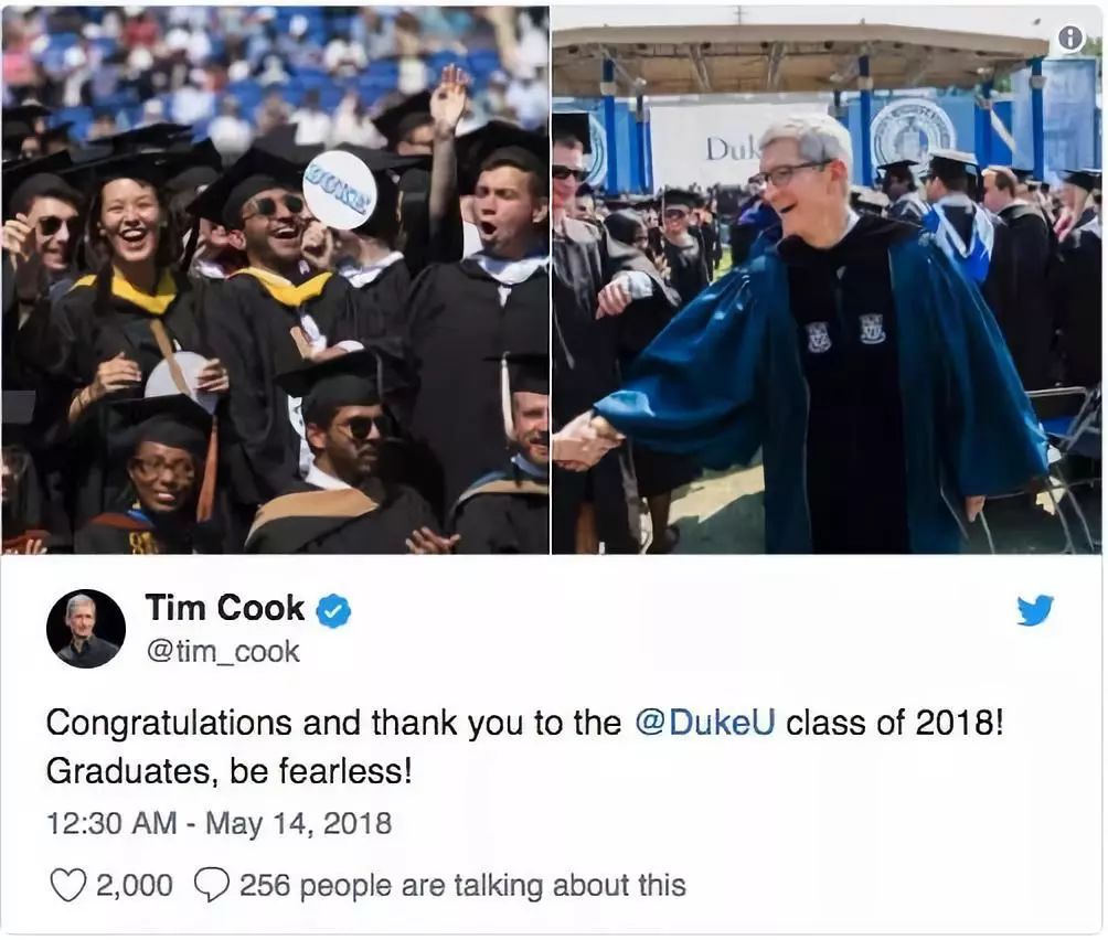 苹果CEO库克在杜克大学毕业典礼演讲:请永远不要满足于现状!