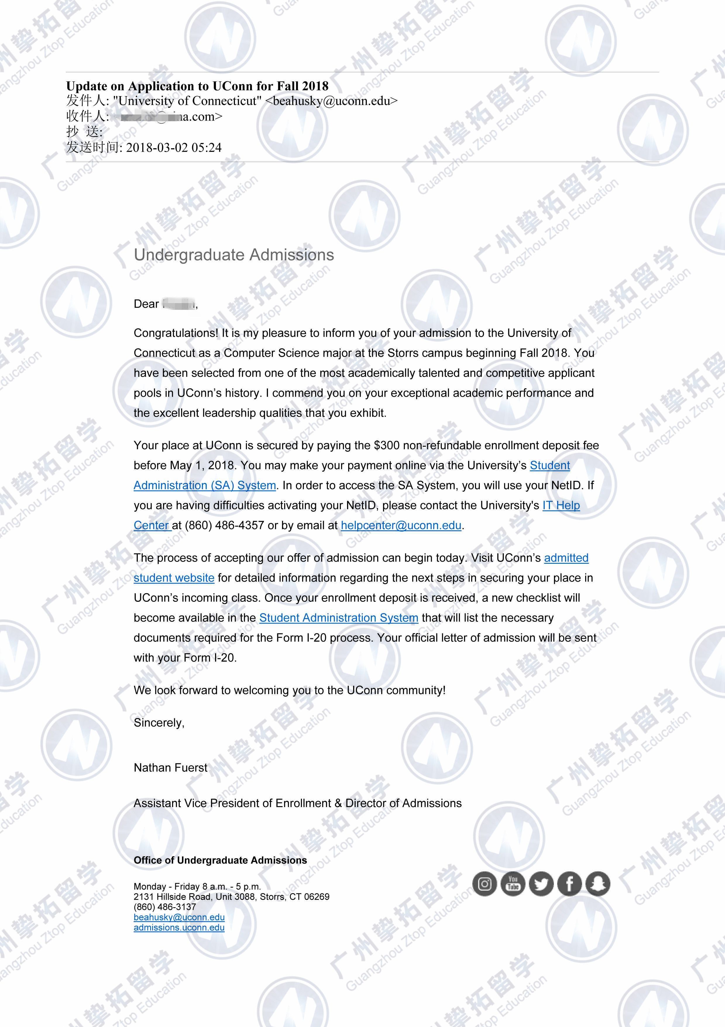 红岭中学刘同学获​UConn 康涅狄格大学本科录取