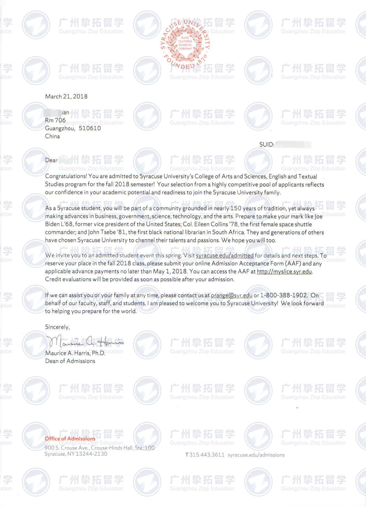 广财华商学院袁同学获雪城大学硕士录取